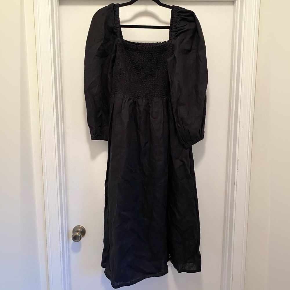 J. Crew Linen Daydream Smocked Midi Dress, Large Tall, Black puff sleeve - Picture 7 of 8